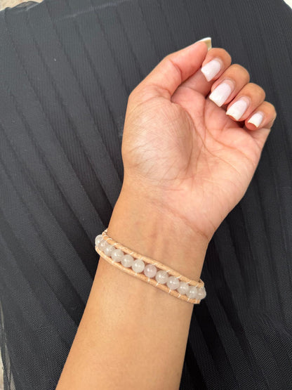 Handgemaakte leren armband Rosalie met Rozenkwarts kralen 